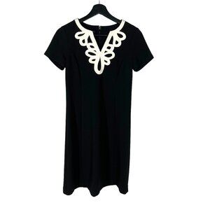 Talbots Black White Textured Short Sleeve Sheath Below Knee Dress Small Petite